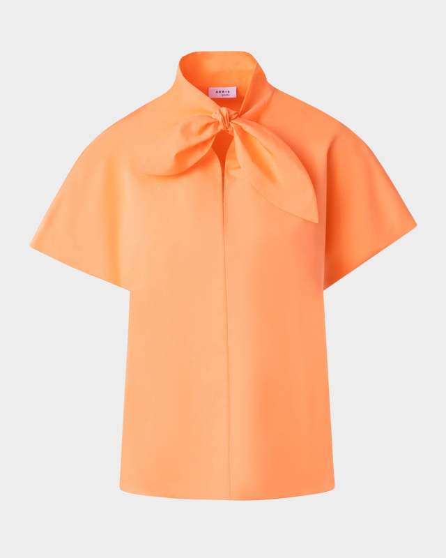 Neck-Tie Cap-Sleeve Cotton Poplin Blouse